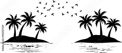Tropical island, palm tree silhouettes, black vector icons, beach landscape