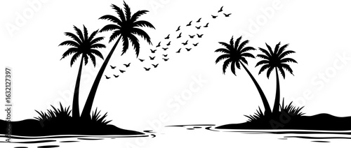Tropical island, palm trees, black silhouette, vector illustration, summer vacation, exotic landscape