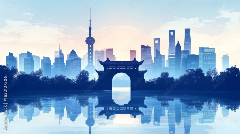 Obraz premium New Chinese-style classical architecture and city skyline silhouette illustration