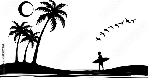 Black silhouette surfing vector, tropical beach scene, palm trees, surfer with board