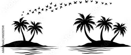 Tropical island, palm tree silhouettes, black vector icons, beach landscape