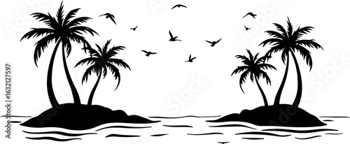 Tropical island, palm trees, black silhouette, vector illustration, beach landscape, travel icons