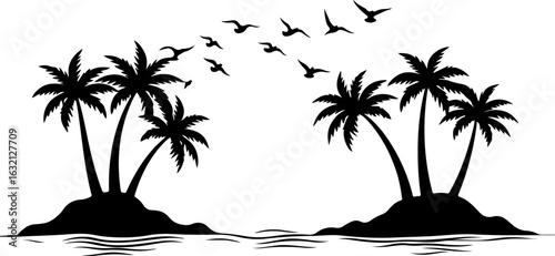 Tropical island, palm trees, black silhouette, vector illustration, beach landscape