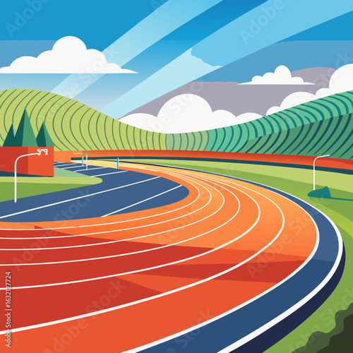 Vibrant athletic stadium track with colorful lanes winding through green hills under a bright blue sky with clouds