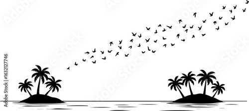 Tropical island, palm trees, birds flying, black silhouette, vector illustration