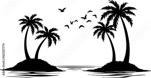 Tropical island, palm tree silhouettes, black vector icons, white background, summer vacation graphics