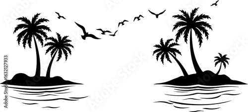 Tropical island, palm trees, black silhouette, vector icons, summer vacation, beach landscape