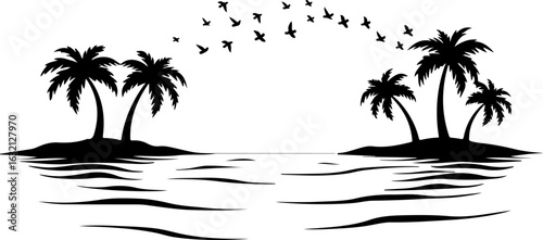 Tropical island, palm trees, black silhouette, vector graphics, beach landscape