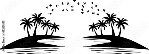Tropical island, palm tree silhouettes, black vector icons, beach landscape