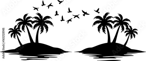 Tropical island, palm trees, black silhouette, vector icons, summer vacation, travel symbols