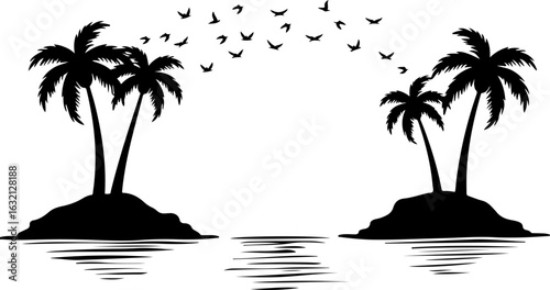 Tropical palm trees, island silhouettes, black vector icons, beach landscape