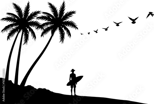 Surfing silhouette, tropical beach scene, palm trees, surfer vector