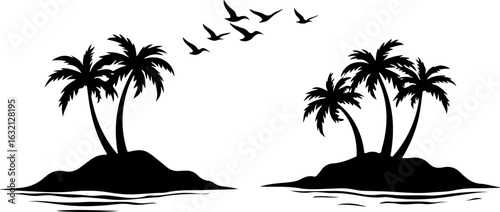 Tropical island, palm tree silhouettes, black vector icons, beach landscape