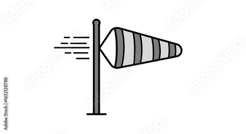 Illustration of a windsock attached to a pole with wind indicators showing the wind direction