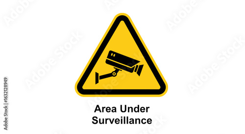 A yellow triangle sign with a black cctv camera inside indicating surveillance area for security concerns
