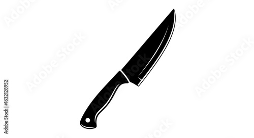 Illustration of a sharp black knife with a curved handle and pointed blade on a white background
