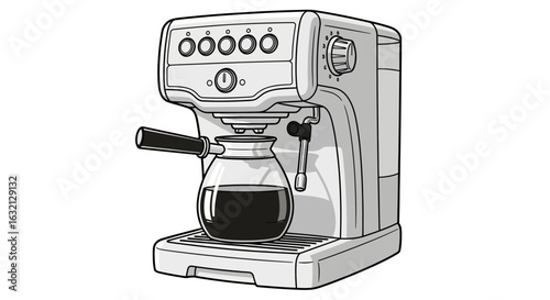 Illustration of a white espresso machine with a glass carafe filled with dark brewed coffee on a white surface