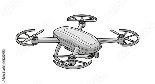 A gray drone with four propellers and propeller guards is shown on a white isolated background