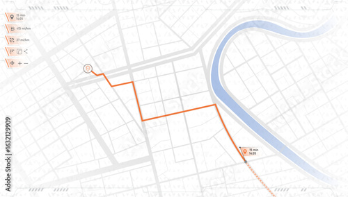 Minimal navigation map. Urban route with metrics and travel data route dashboard. GPS navigation, delivery logistics with orange path line. Vector illustration