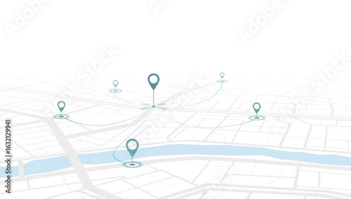 Minimalist featuring green route lines and pin markers. Travel concepts. Showing a planned travel path on map with river. Vector illustration
