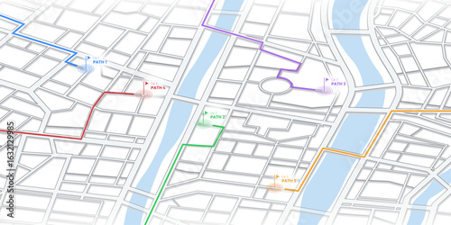 Urban GPS navigation map with multiple vehicle routes. Urban layout with roads, rivers, and landmarks. Vehicle trajectory for GPS tracking. Delivery navigation systems. Vector illustration