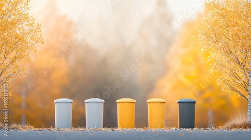 Recycling awareness campaign urban park waste management autumn colors front view environmental responsibility