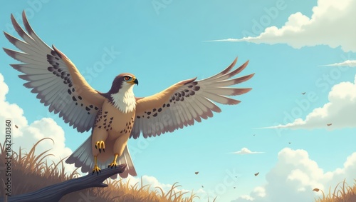 A majestic raptor with outstretched wings against a vibrant sky.