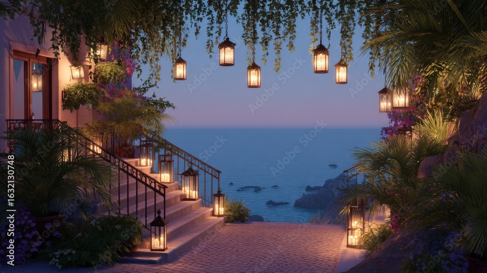 Naklejka premium Romantic Oceanside Villa at Twilight with Lit Lanterns