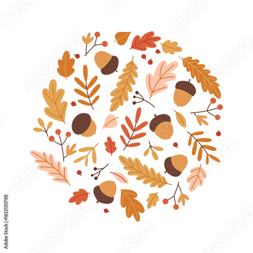 Bright round composition with acorns, colorful autumn leaves, berries and twigs. Warm palette in red-orange-yellow shades.