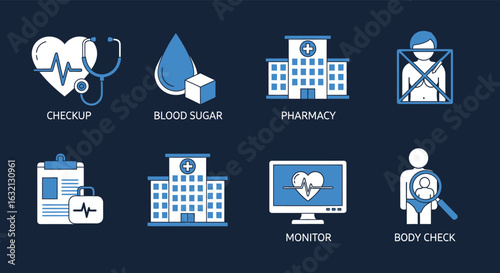 Vector art of medical checkup and healthcare icons representing different health conditions