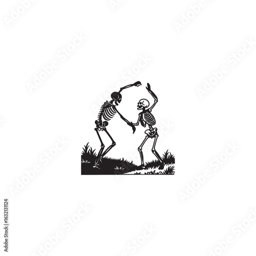 Bold black silhouette vector of a Skeleton Dance scene, black vector of skeleton dance