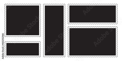 Post stamp. Blank frames of postage stamps. Empty postal shapes border set. For for envelopes, postcards or letter retro style paper. Postage stamp frames vector illustration.