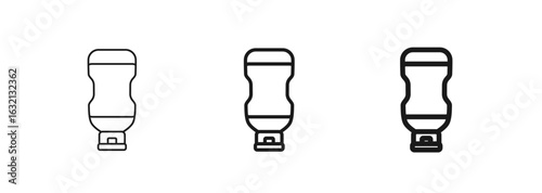 Plastic squeeze bottle for condiments like ketchup, mustard, or mayonnaise. Line icon in thin, regular, and bold outline. For kitchen, restaurant, food designs. For web page, mobile app. Vector