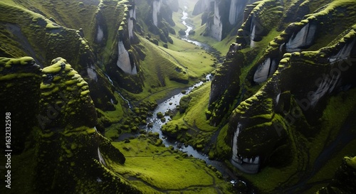 Majestic Fjarrgljfur Canyon Lush Green Moss Blankets Dramatic Icelandic Cliffs.
