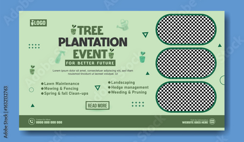 Green tree plantation event announcement with hands holding saplings and nature background