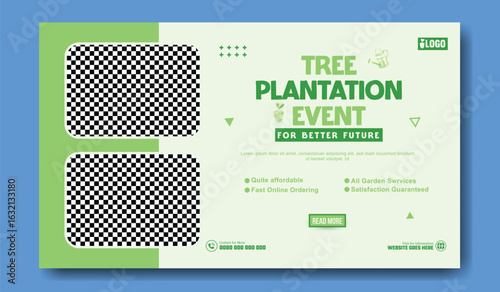 Green planet with growing plants and text about planting trees for a better world