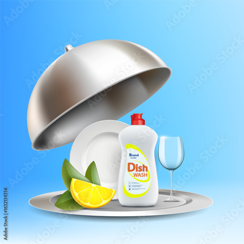Dishwashing lemon scent liquid and clean dishes on a tray. Vector illustration