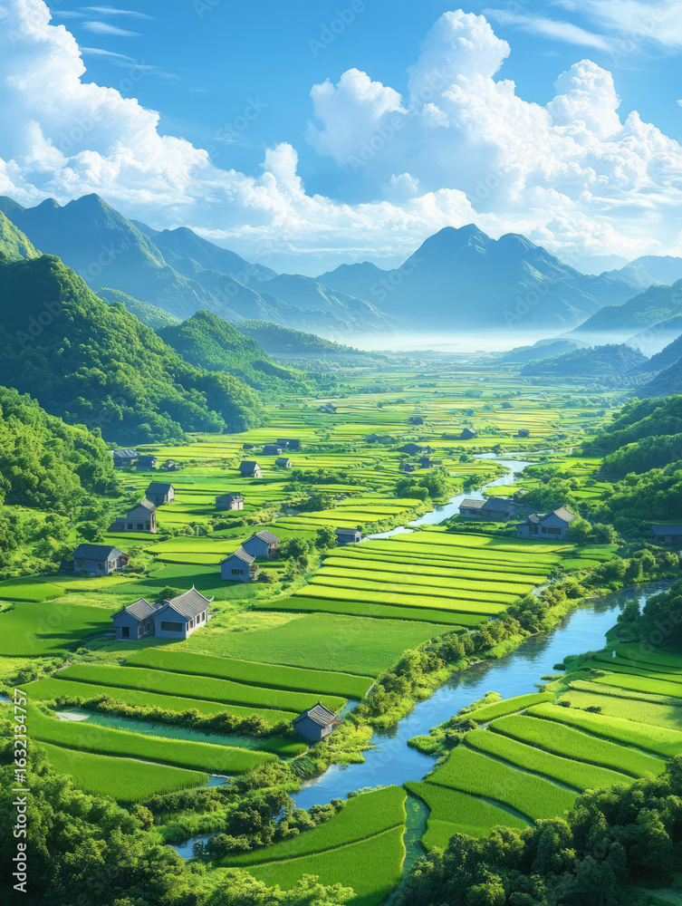 Fototapeta premium Aerial photography of rural outdoor green rice paddies, rural revitalization concept