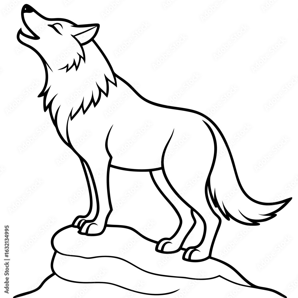 Obraz premium Wolf howling on rock line art vector