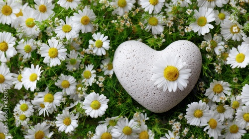 Heart Stone Among White Daisies in Bright Floral Arrangement