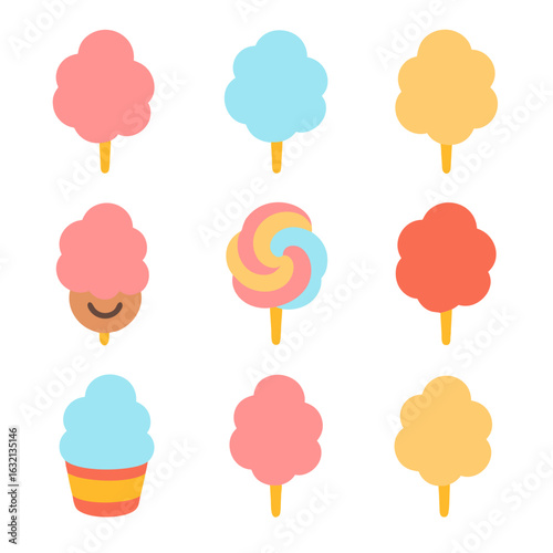 Cotton candy vector array  nine colorful cartoon treats ideal for projects needing sweet, whimsical elements. Great for confectionery themes.