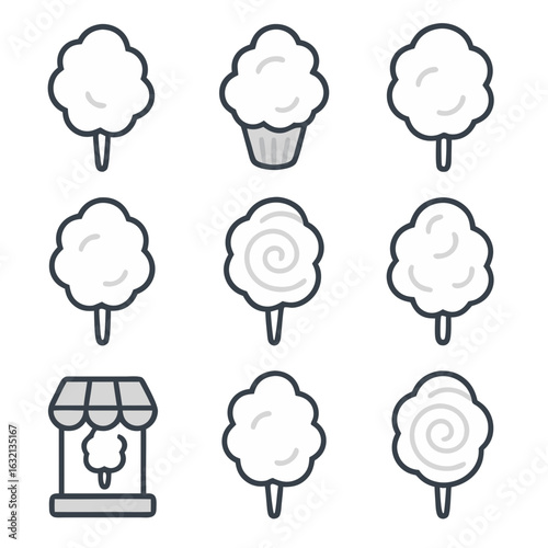 Cotton candy vector and sweet shop icon. Colorful images for party invitations, candy shop logos, childrens illustrations, and dessert packaging.