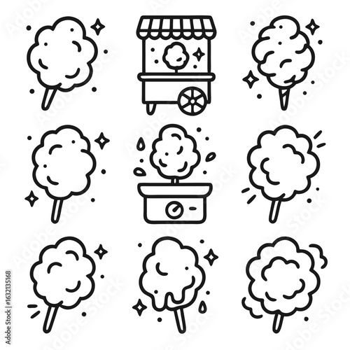 Cotton candy vector icons illustrate fluffy treats and machines. Perfect for carnival event promotions, dessert menus, and confectionery branding.