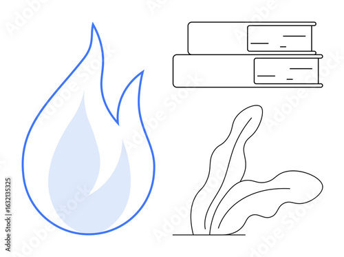 Burning flame, stacked books, and leafy plant outlines convey energy, learning, and growth. Ideal for education, sustainability, energy, nature conservation inspiration creativity