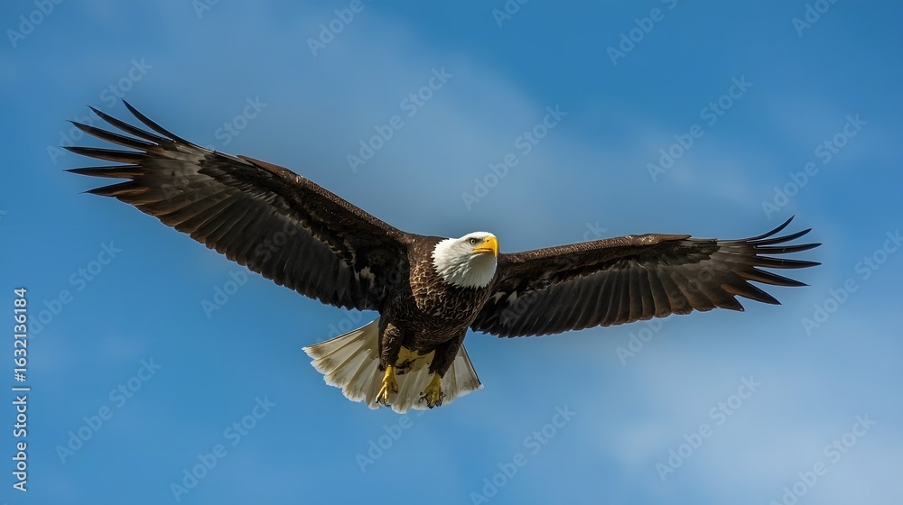 Fototapeta premium Majestic Bald Eagle in Flight Against Blue Sky
