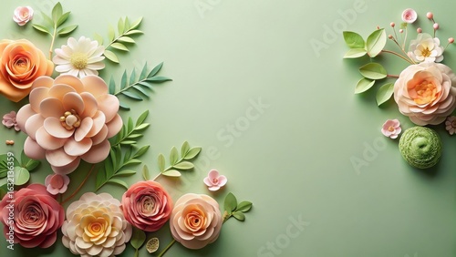Pastel Paper Flowers on Sage Green Background A Delicate Floral Arrangement with Copy Space