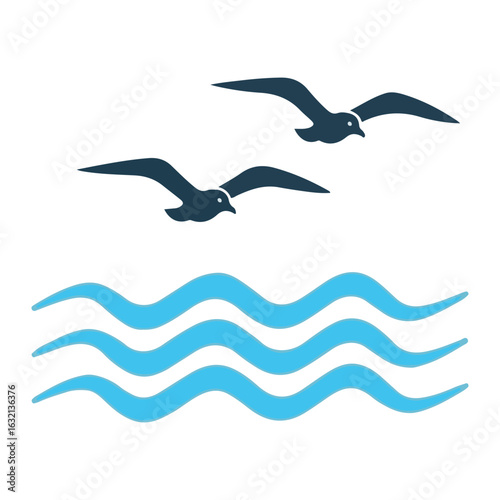 Stylized Seagulls Soaring Above Gentle Ocean Waves, Graphic Design with a Clean and Minimalist Aesthetic, Ideal for Nautical Themes