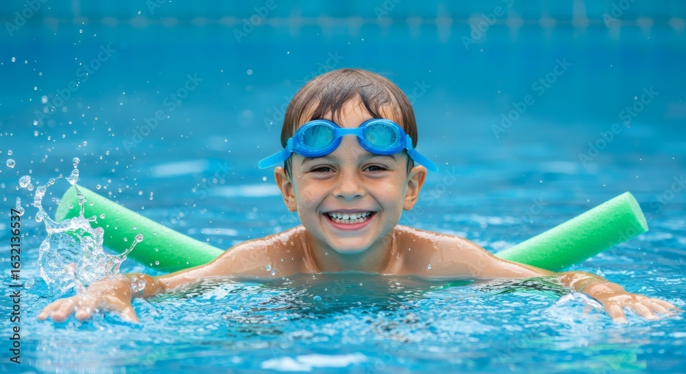 Naklejka premium Boys Pool Joy Swimming with Smiles, and and Summer Fun with bright blue tiles.
