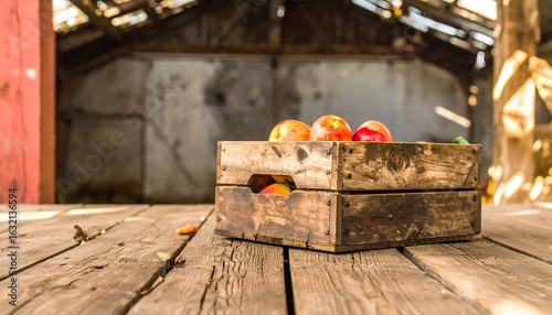 Wooden crate of apples on rustic floor