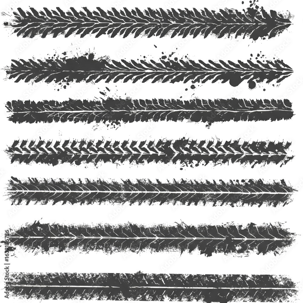 Obraz premium Vector black-and-white tire tracks and skid marks designed for rally, motocross, drifting, drag racing, and off-road vehicles, featuring grunge splatter and tread patterns for car and bike graphics. 